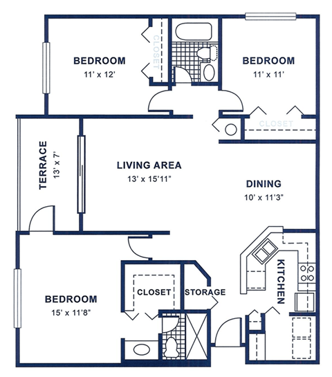 a floor plan of a house with bedrooms and a living area and a dining room